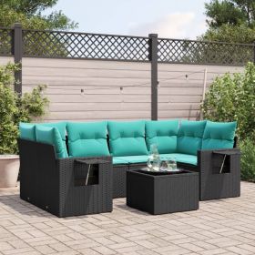 7 Piece Patio Sofa Set with Cushions Black Poly Rattan