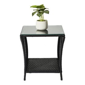Outdoor Patio Wicker Side Table, Square End Table Bistro Coffee Table with Glass Top Storage Shelf for Porch Garden Backyard Black(SAME AS 705252