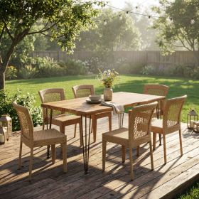 7 PCS Outdoor Dining Set for 6, Rectangular Table with Acacia Wood Top & Chairs, 72" Large Modern Furniture Set for Patio, Deck, Backyard, Porch