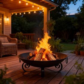 24 Inch Heavy-Duty Metal Fire Pit Bowl Outdoor Wood-Burning Firepit with Handles (Option: Black)