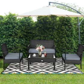 4 Pieces Patio Rattan Cushioned Furniture Set with Loveseat and Table Outdoor Conversation Sets (Color: black)