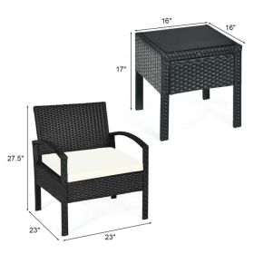 3 Pieces Outdoor Rattan Patio Conversation Set with Seat Cushions (Color: White)
